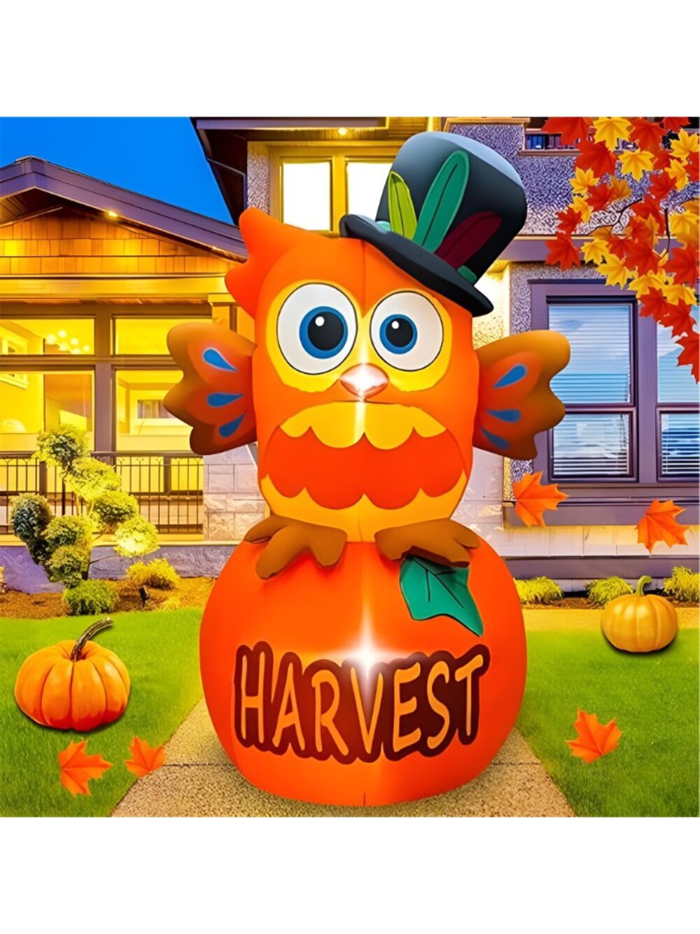 6 FT Thanksgiving Inflatables Owl on Pumpkin, LED Light Fall Inflatables - Picture 7 of 7
